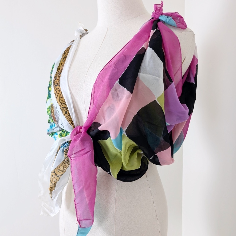 Sheer Grid Plaid Scarf Square Colourful Large Lightweight Green White Purple